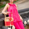 Áo Gấm Cổ Sen Màu Hồng Đậm