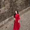 Áo dài AD263 - QD001 cách tân tay ngắn phối hoa cài ngực Dài 3/4 Tơ Mỹ đính hoa cát tường lót lụa