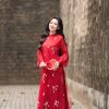Áo dài AD265 - QD001 cách tân tay dài phối họa tiết nhí tà ngắn Dài tay Tơ Mỹ thêu Mị Uyển