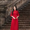 Áo dài AD268 - QD001 cách tân tay ngắn phối hoa cài ngực Qua khủy tay Lụa băng đính hoa