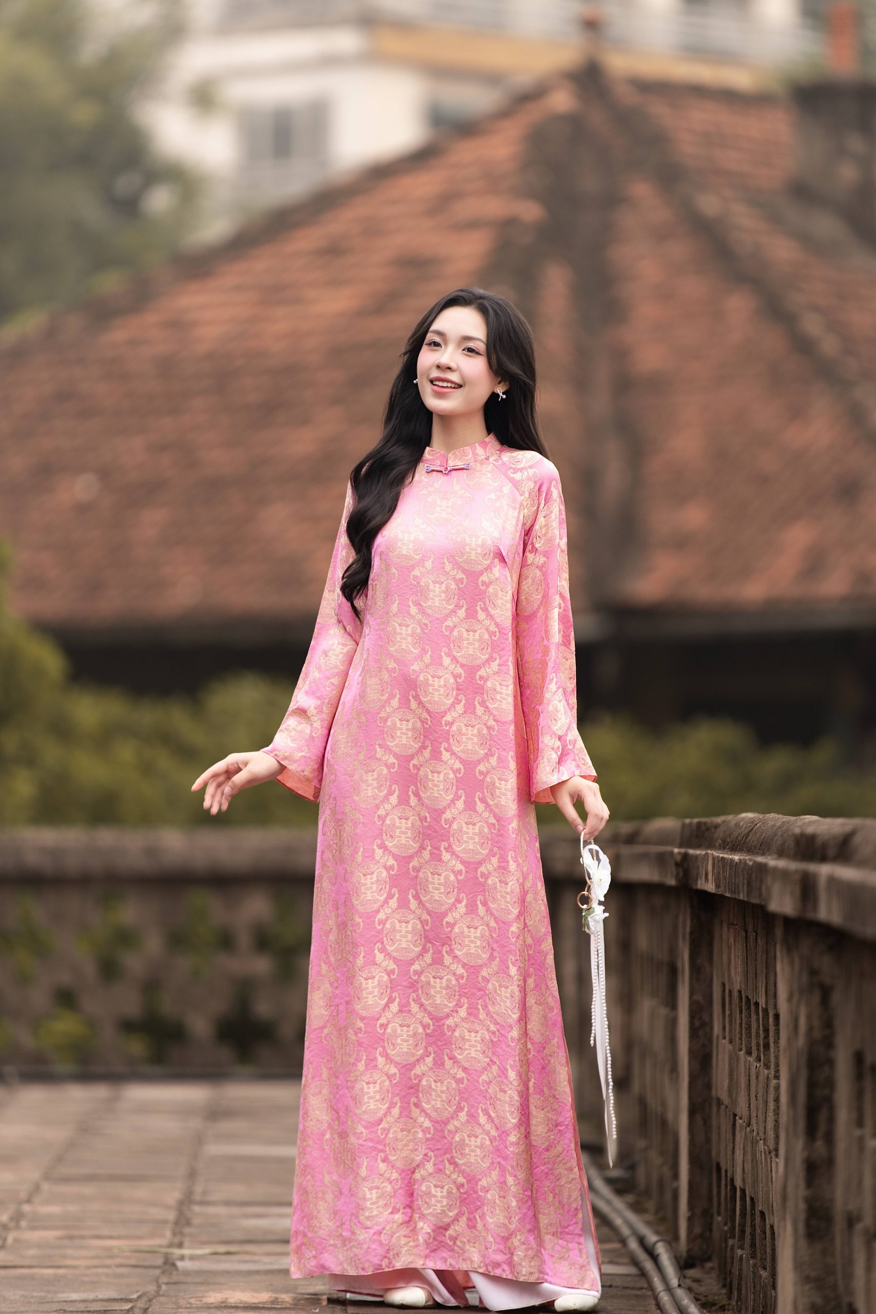 Áo dài AD270 - QD010 cách tân tay dài phối họa tiết nhí Dài tay Lụa gấm thọ dơi - Hình ảnh 2