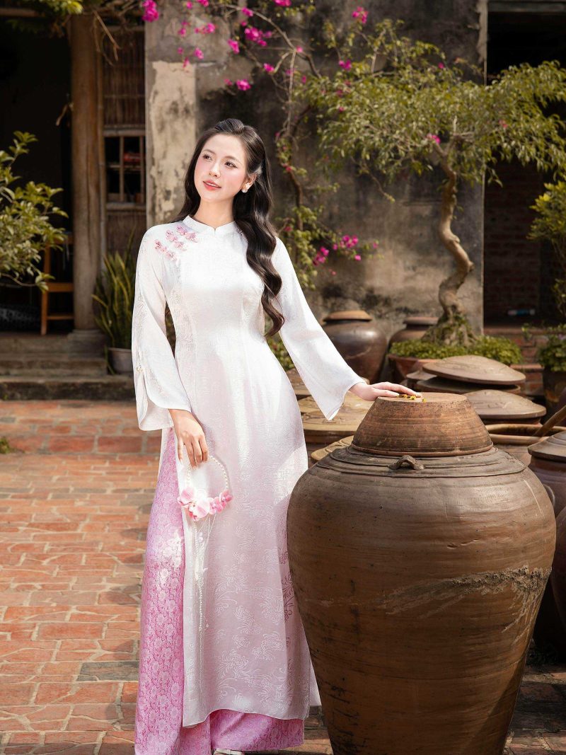 Áo dài AD273 - QD050 cách tân tay xẻ phối tà ngắn họa tiết in chìm