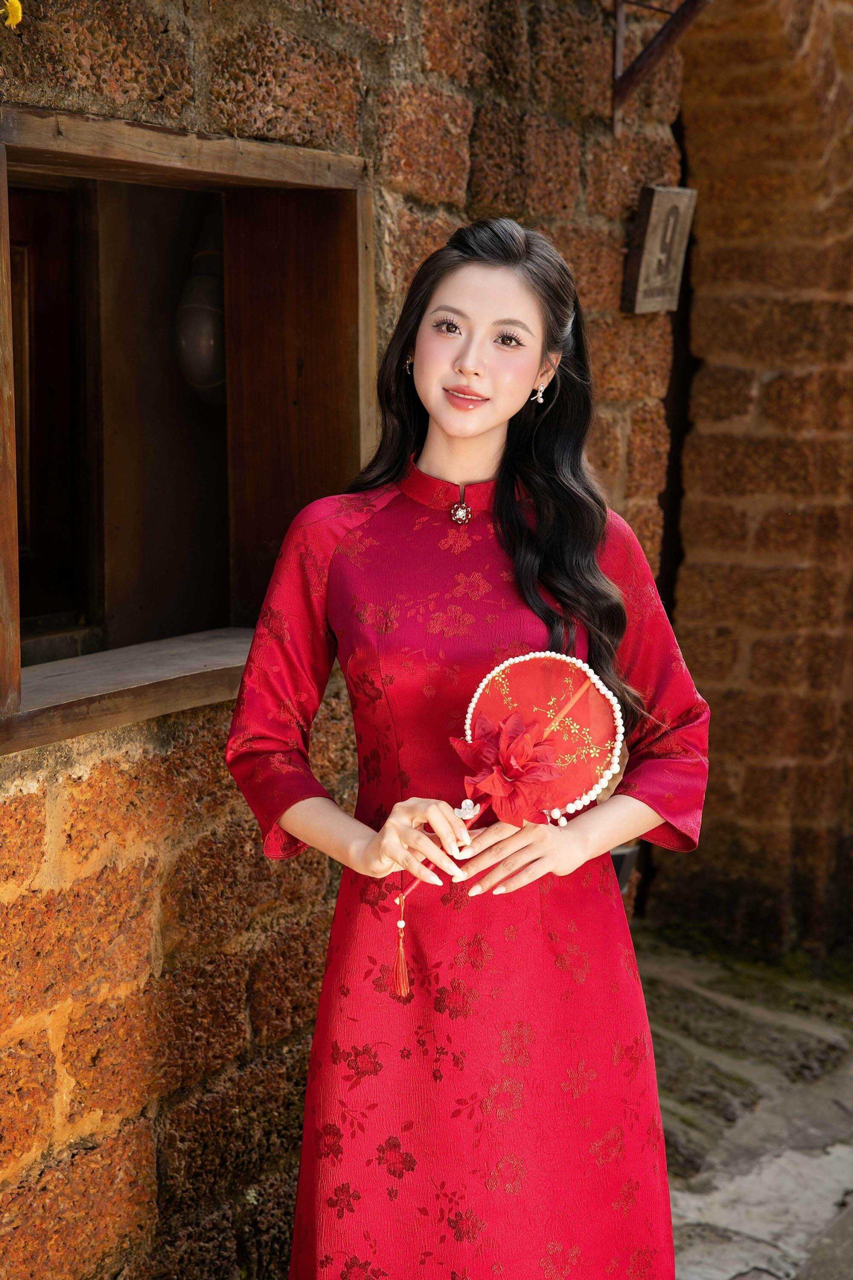 Áo dài AD274 - QD001 cách tân tay lỡ phối tà họa tiết hoa Dài 3/4 Gấm hinh túc - Hình ảnh 5