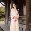 Áo dài AD279 - QD041 cách tân tay dài phối tà dài dáng suông rộng Dài tay Tơ tằm hoa thủy tiên phối lụa