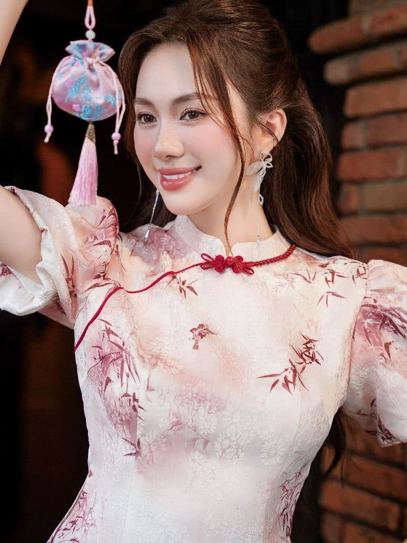 Áo dài cách tân in họa tiết phối tay cộc AD210 Cộc tay Gấm in hoạt tiết