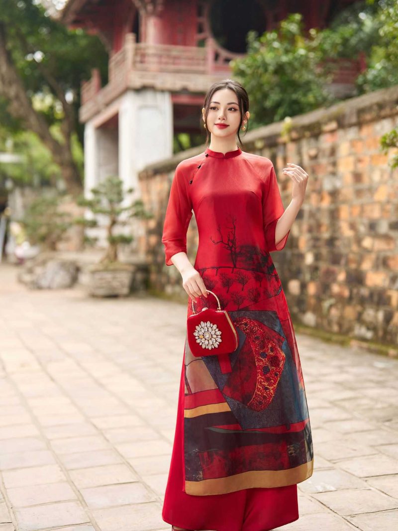 Áo dài cách tân phối họa tiết in trừu tượng AD163