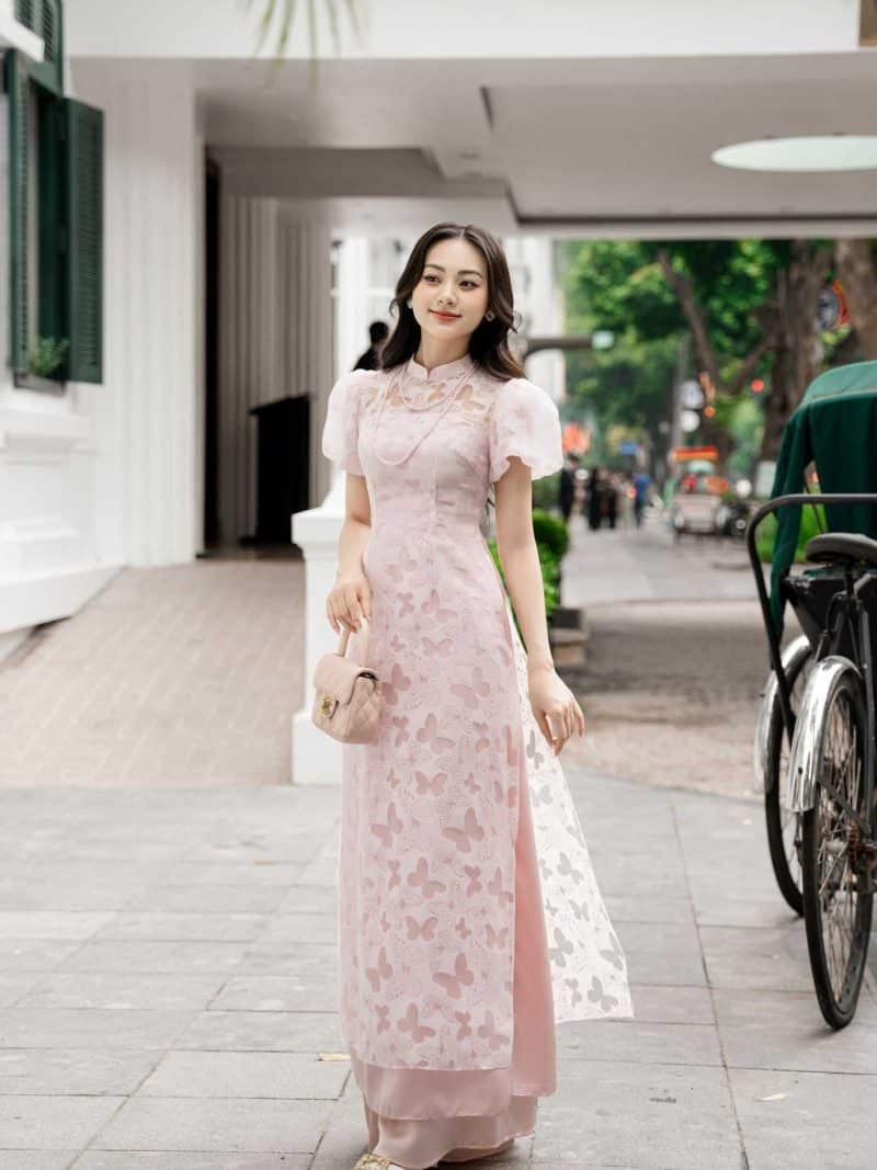 Áo dài cách tân tà ngắn phối tay phồng AD140