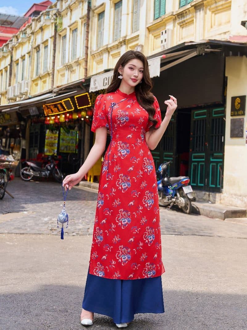 Áo dài cách tân tà ngắn phối tay phồng AD185