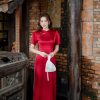 Áo dài cách tân tay cộc phối cổ 3 phân AD206