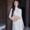 Áo dài cổ 3 phân phối họa tiết hồ điệp in phủ nhũ AD219