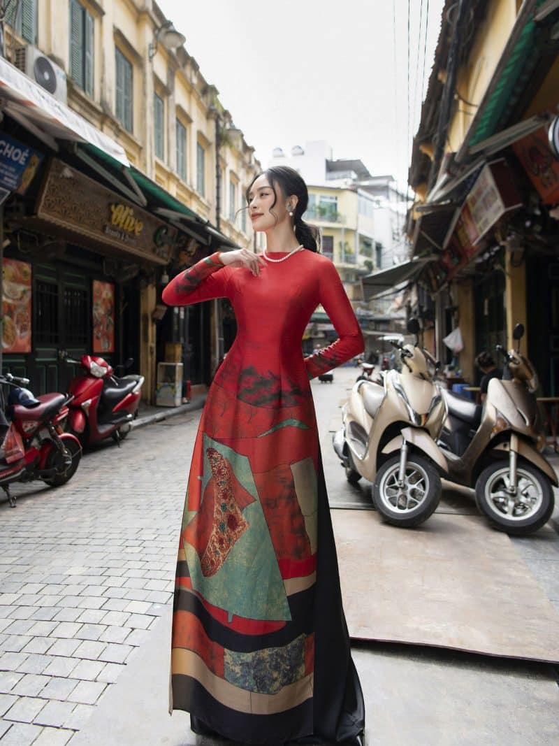 Áo dài đỏ cổ tròn họa tiết AD026