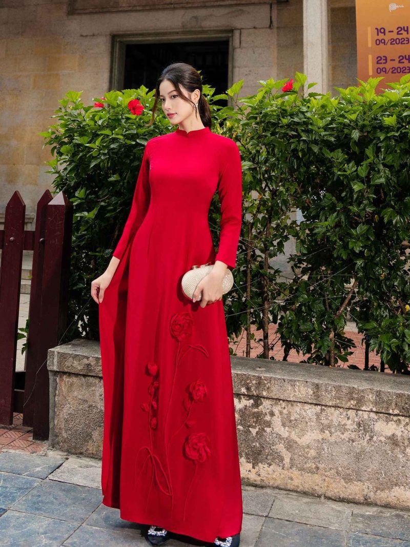 Áo dài truyền thống phối hoa đính tà thủ công AD134